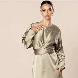 Veiled Collection: Bria Satin Batwing Tie Waist Maxi Dress - Sage